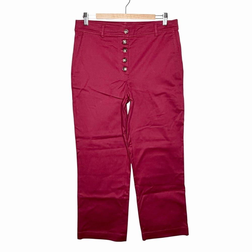 Loft Exposed Button Fly Twill Ankle Pants Red Womens 8 High Rise Straight Leg